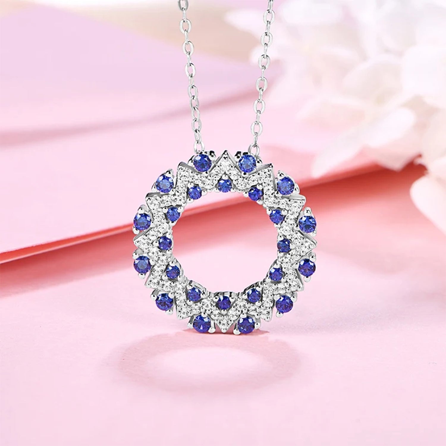Halo Blue Sapphire Pendant Necklace